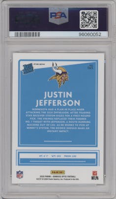 Justin Jefferson from the 2020 Panini Donruss Optic set featuring a Holo parallel graded by PSA and given an overall grade of 10.