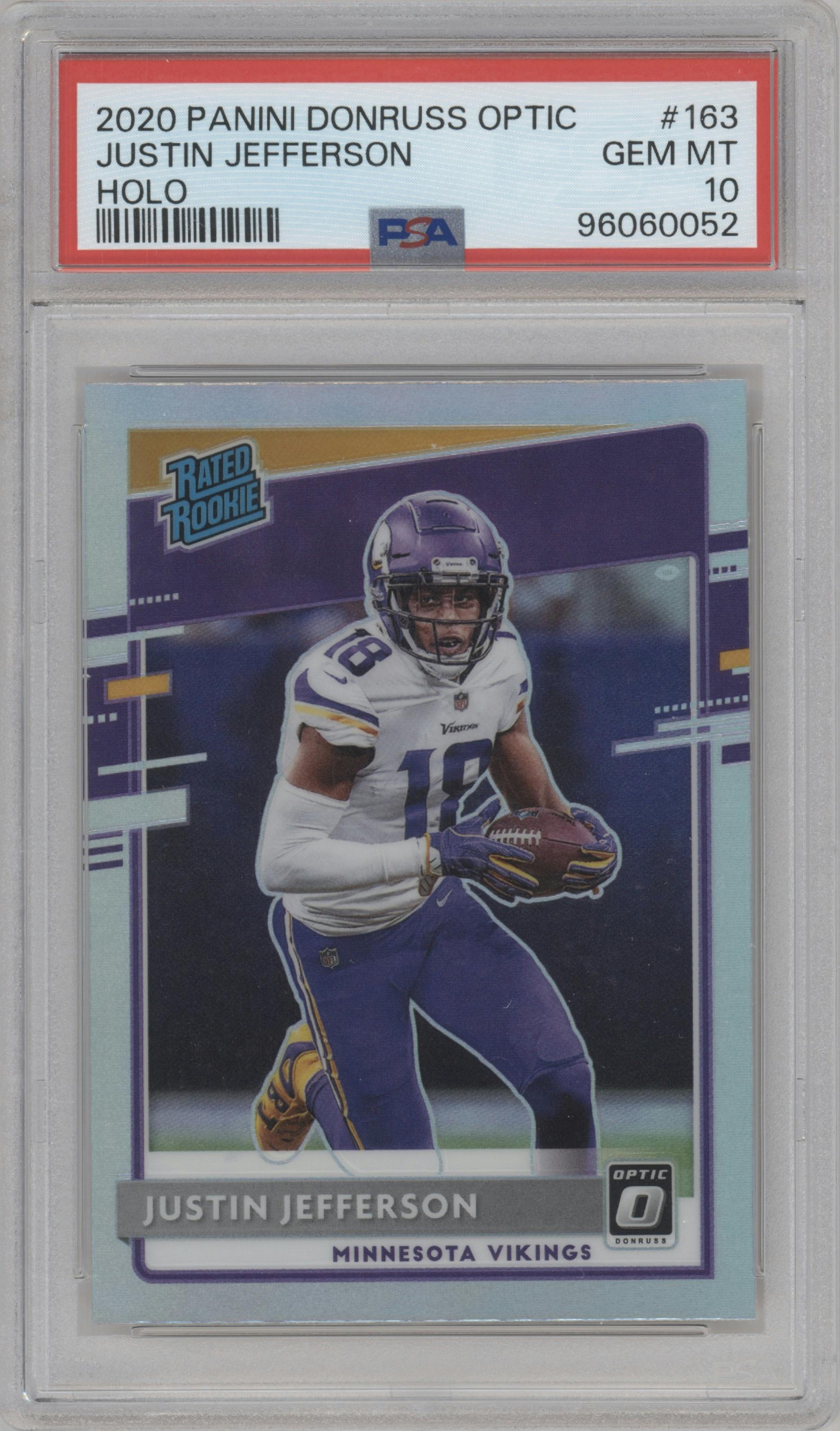 Justin Jefferson from the 2020 Panini Donruss Optic set featuring a Holo parallel graded by PSA and given an overall grade of 10.