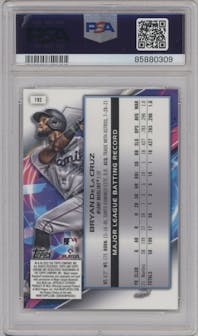 Bryan De La Cruz from the 2022 Topps Cosmic Chrome set featuring a  Nucleus Refractor parallel graded by PSA and given an overall grade of 10.