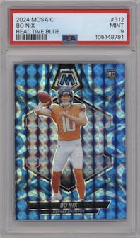 Bo Nix from the 2024 Panini Mosaic set featuring a Reactive Blue parallel graded by PSA and given an overall grade of 9.