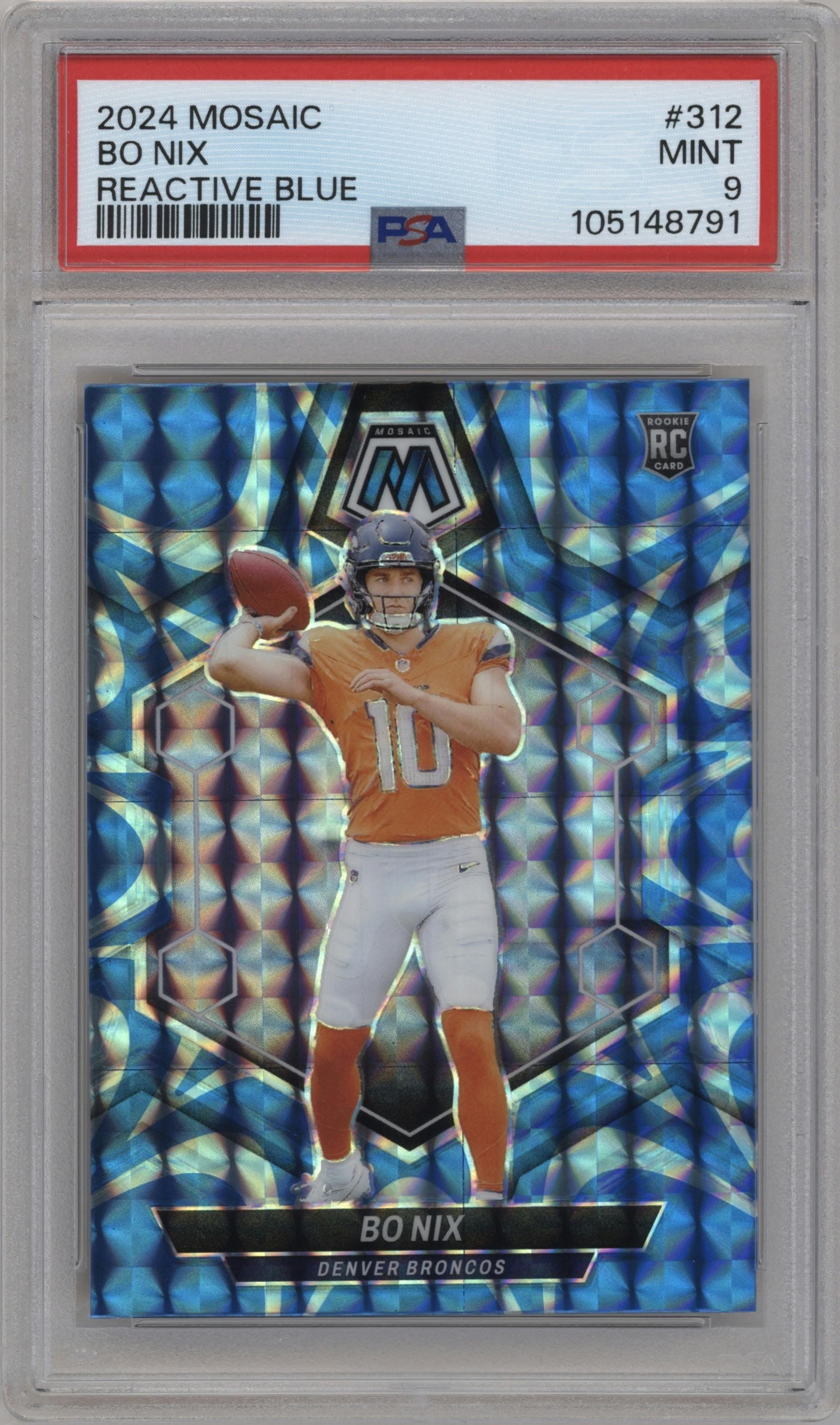 Bo Nix from the 2024 Panini Mosaic set featuring a Reactive Blue parallel graded by PSA and given an overall grade of 9.
