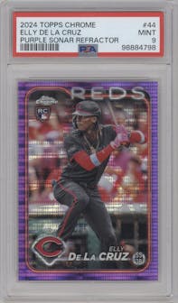 Elly De La Cruz from the 2024 Topps Chrome set featuring a Purple Sonar Refractor parallel graded by PSA and given an overall grade of 9.
