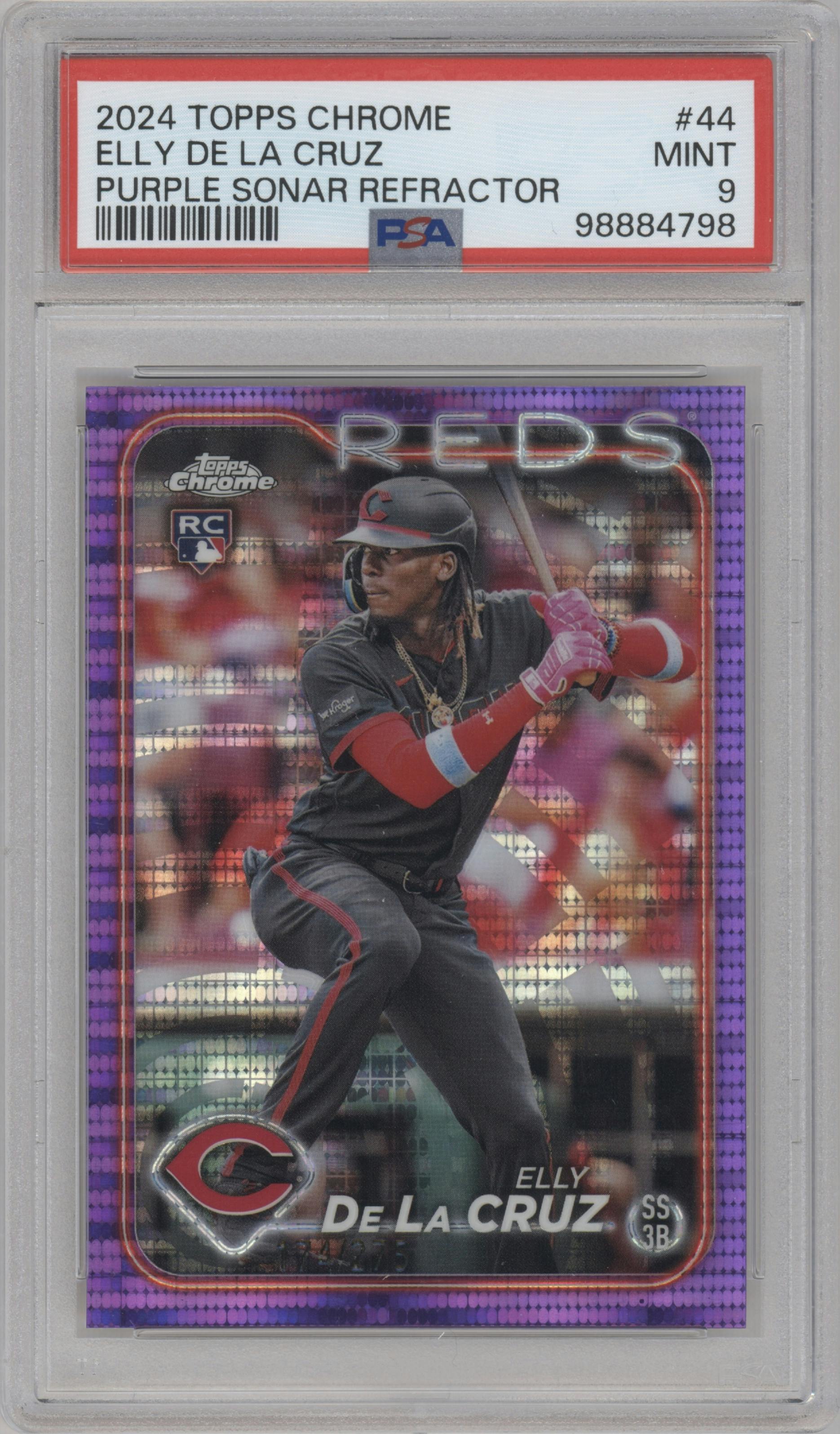 Elly De La Cruz from the 2024 Topps Chrome set featuring a Purple Sonar Refractor parallel graded by PSA and given an overall grade of 9.