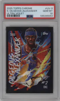 Shai Gilgeous-Alexander from the 2025-26 Topps Chrome set graded by PSA and given an overall grade of 10.