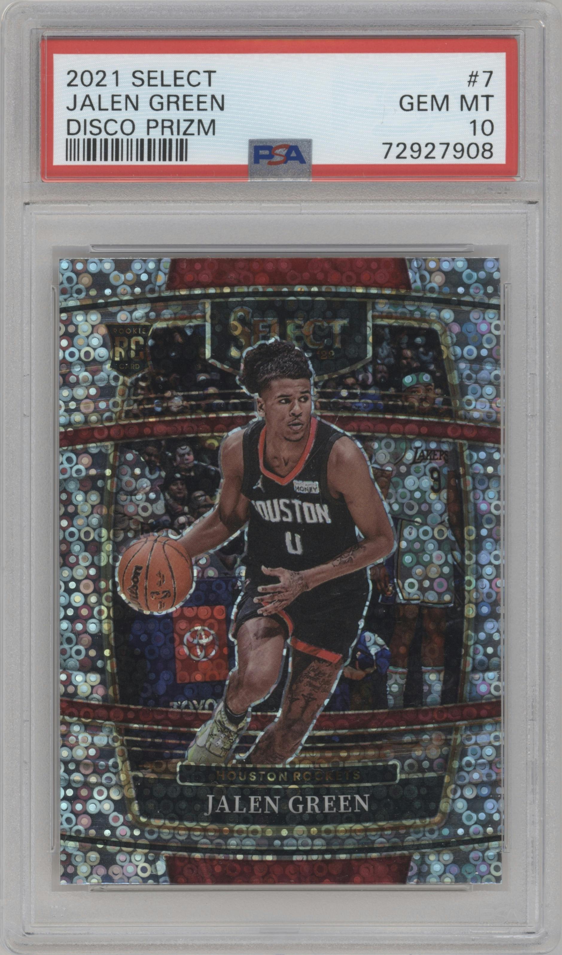 Jalen Green from the 2021-22 Panini Select set featuring a Disco parallel graded by PSA and given an overall grade of 10.
