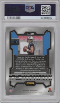 Bryce Young from the 2023 Panini Prizm set featuring a Silver Prizm parallel graded by PSA and given an overall grade of 10.