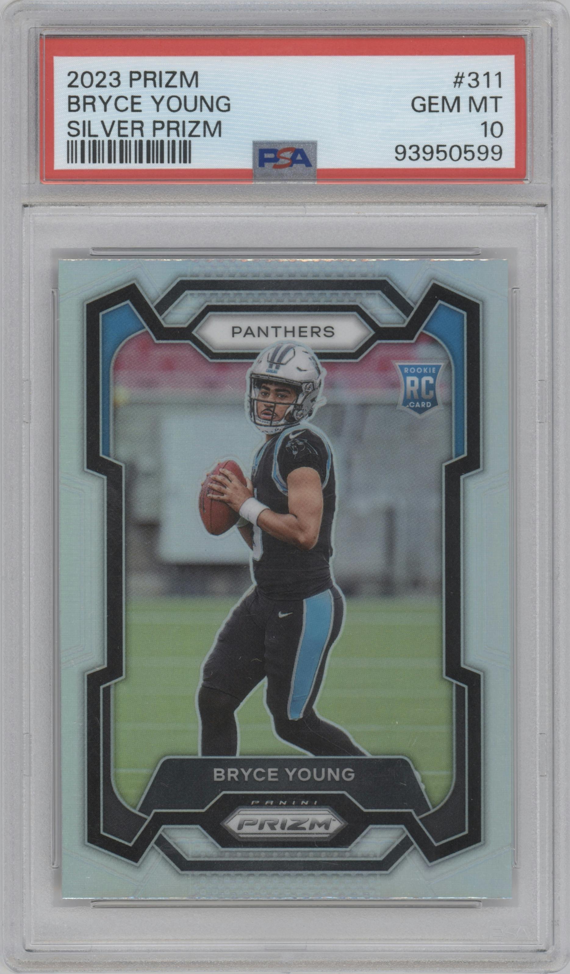 Bryce Young from the 2023 Panini Prizm set featuring a Silver Prizm parallel graded by PSA and given an overall grade of 10.