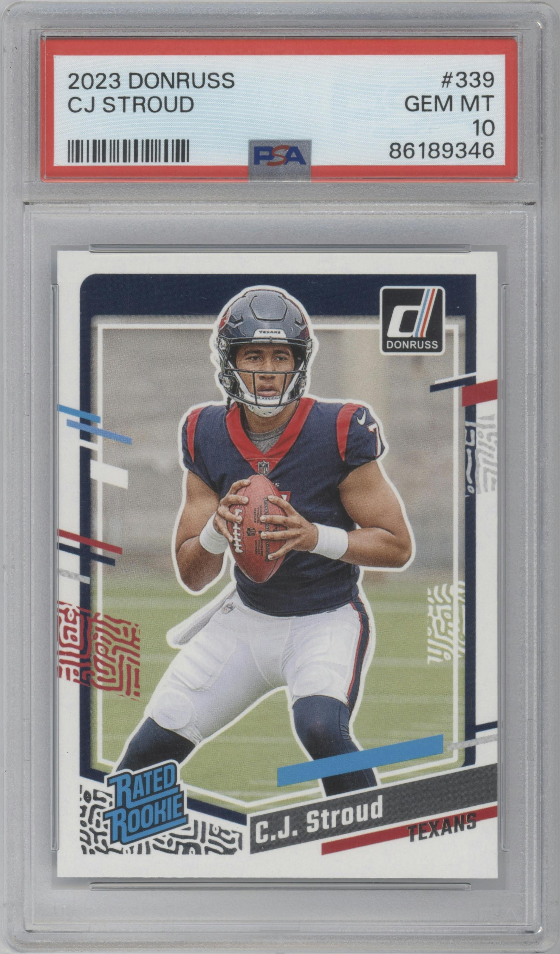 C.J. Stroud from the 2023 Panini Donruss set graded by PSA and given an overall grade of 10.