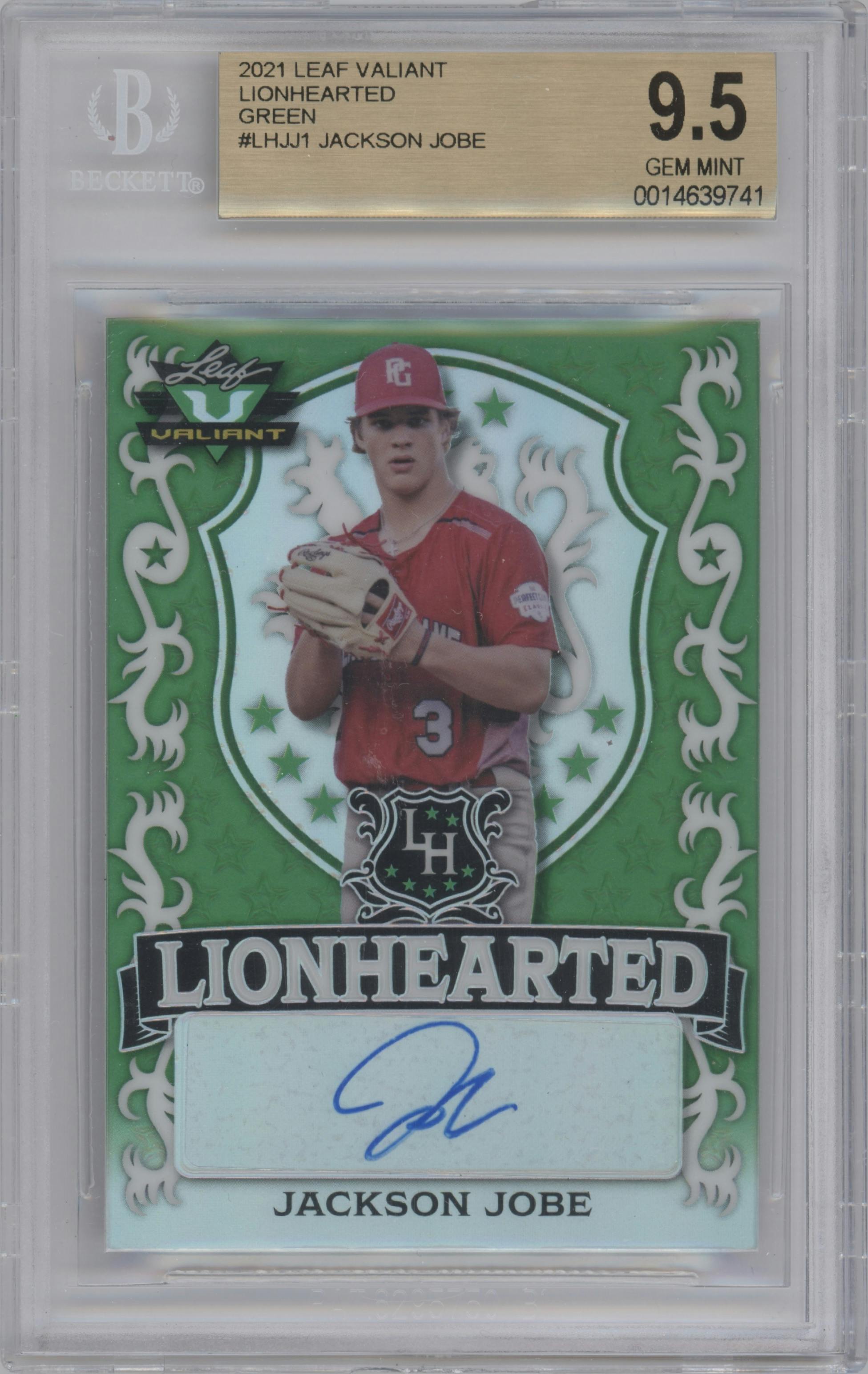 Jackson Jobe from the 2021 Leaf Valiant set featuring a Green parallel graded by Beckett and given an overall grade of 9.5.