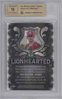 Jackson Jobe from the 2021 Leaf Valiant set featuring a Green parallel graded by Beckett and given an overall grade of 9.5.