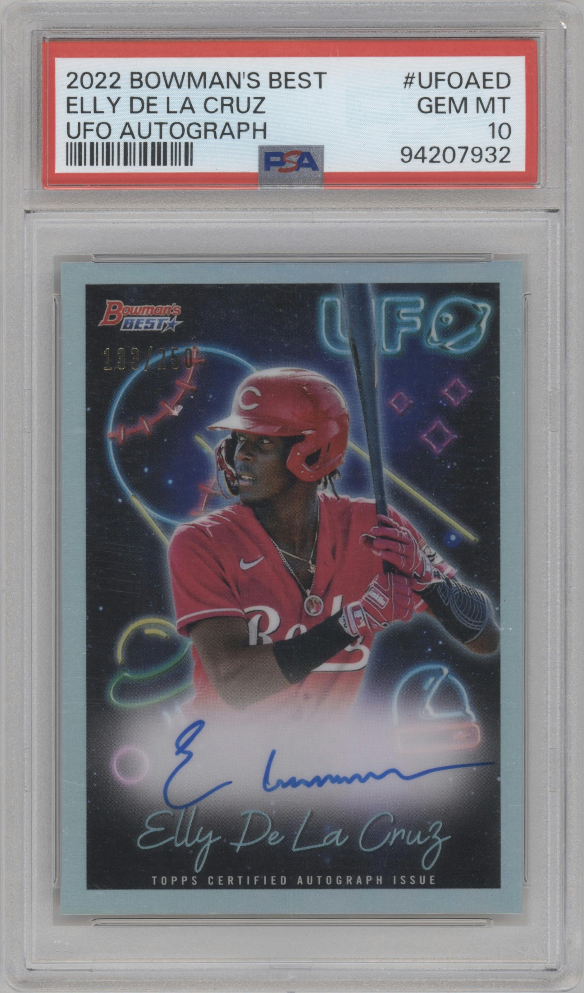 Elly De La Cruz from the 2022 Bowman’s Best   set graded by PSA and given an overall grade of 10.