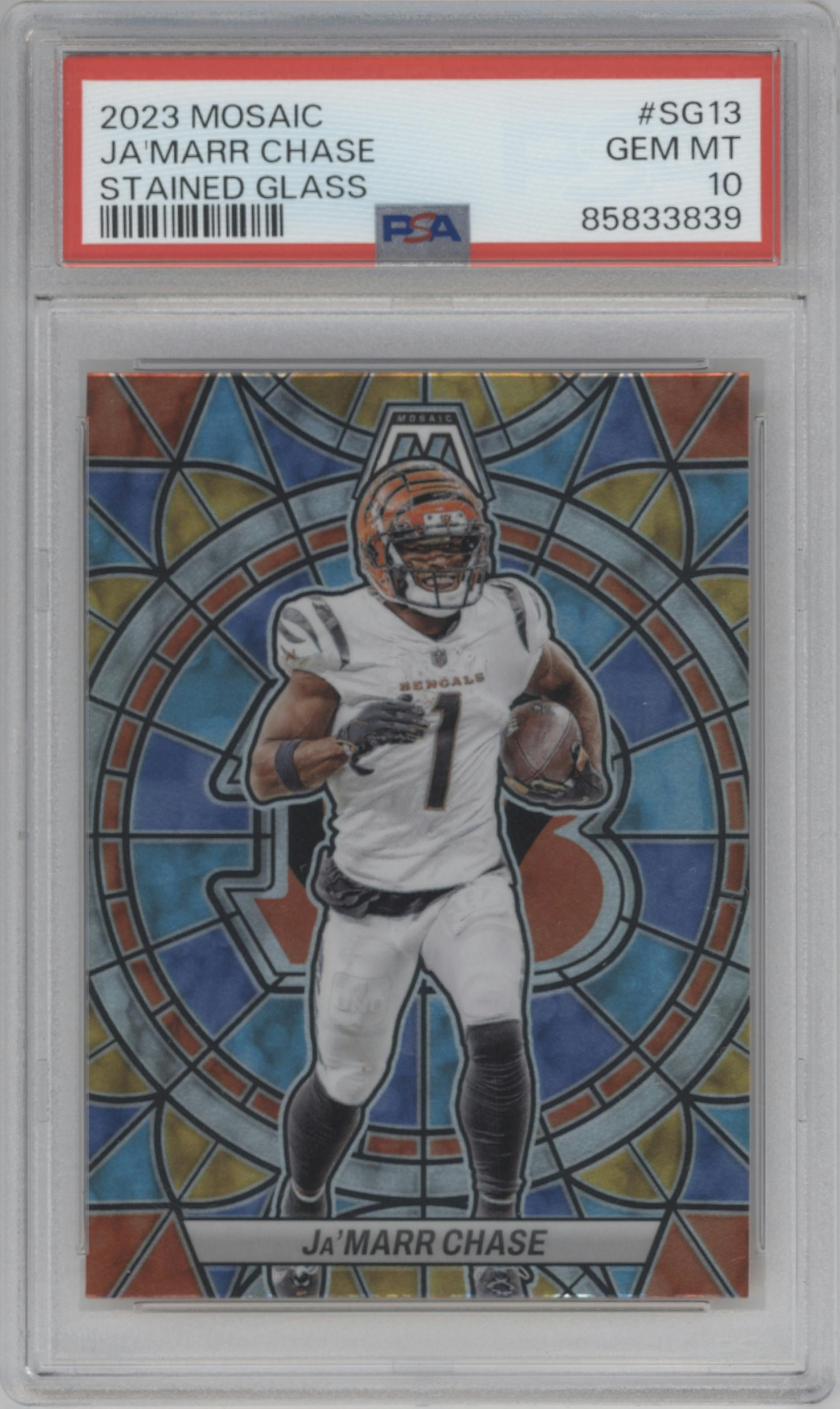 Ja'Marr Chase from the 2023 Panini Mosaic set graded by PSA and given an overall grade of 10.