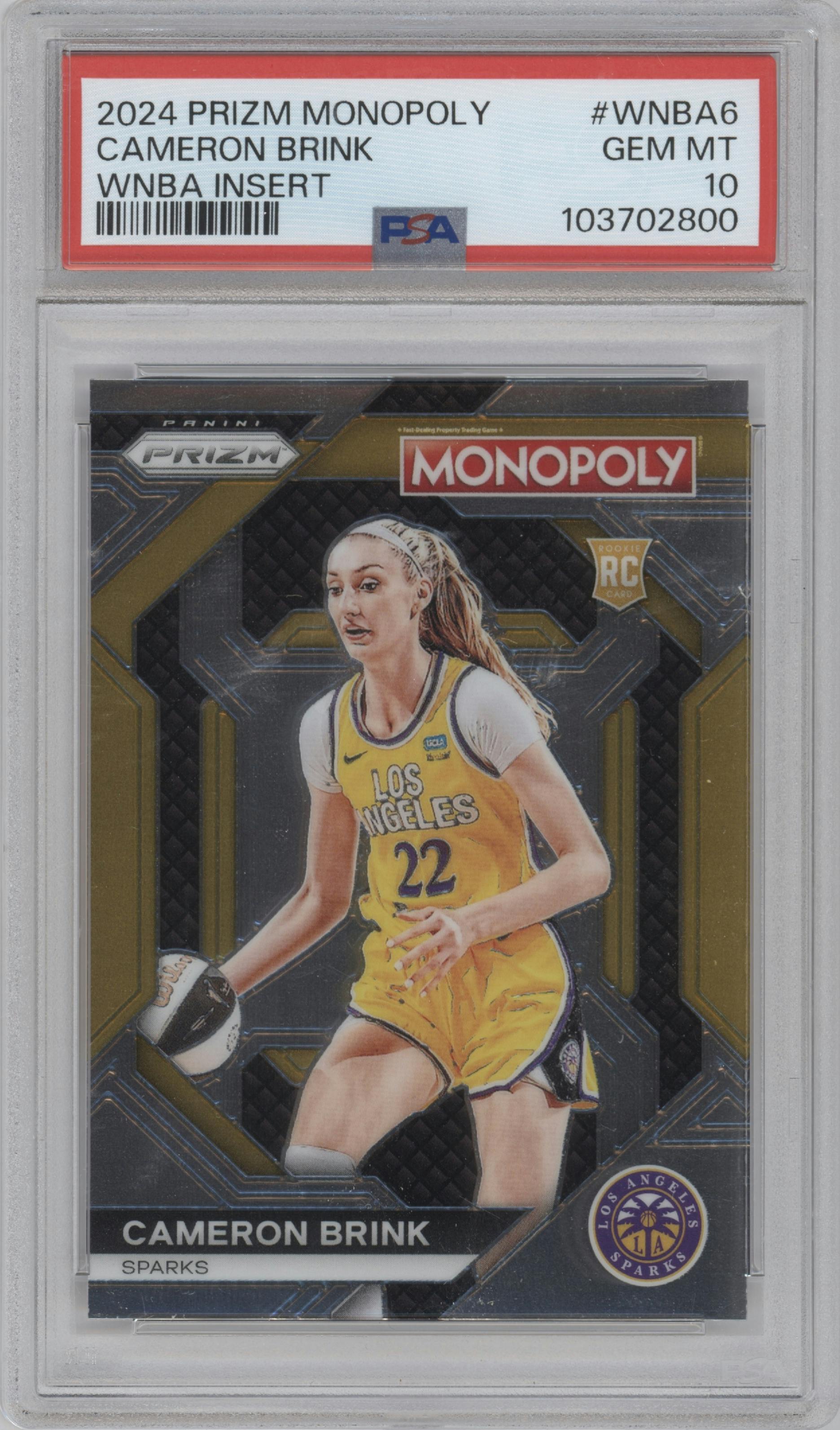 Cameron Brink from the 2024 Panini Prizm Monopoly WNBA set graded by PSA and given an overall grade of 10.