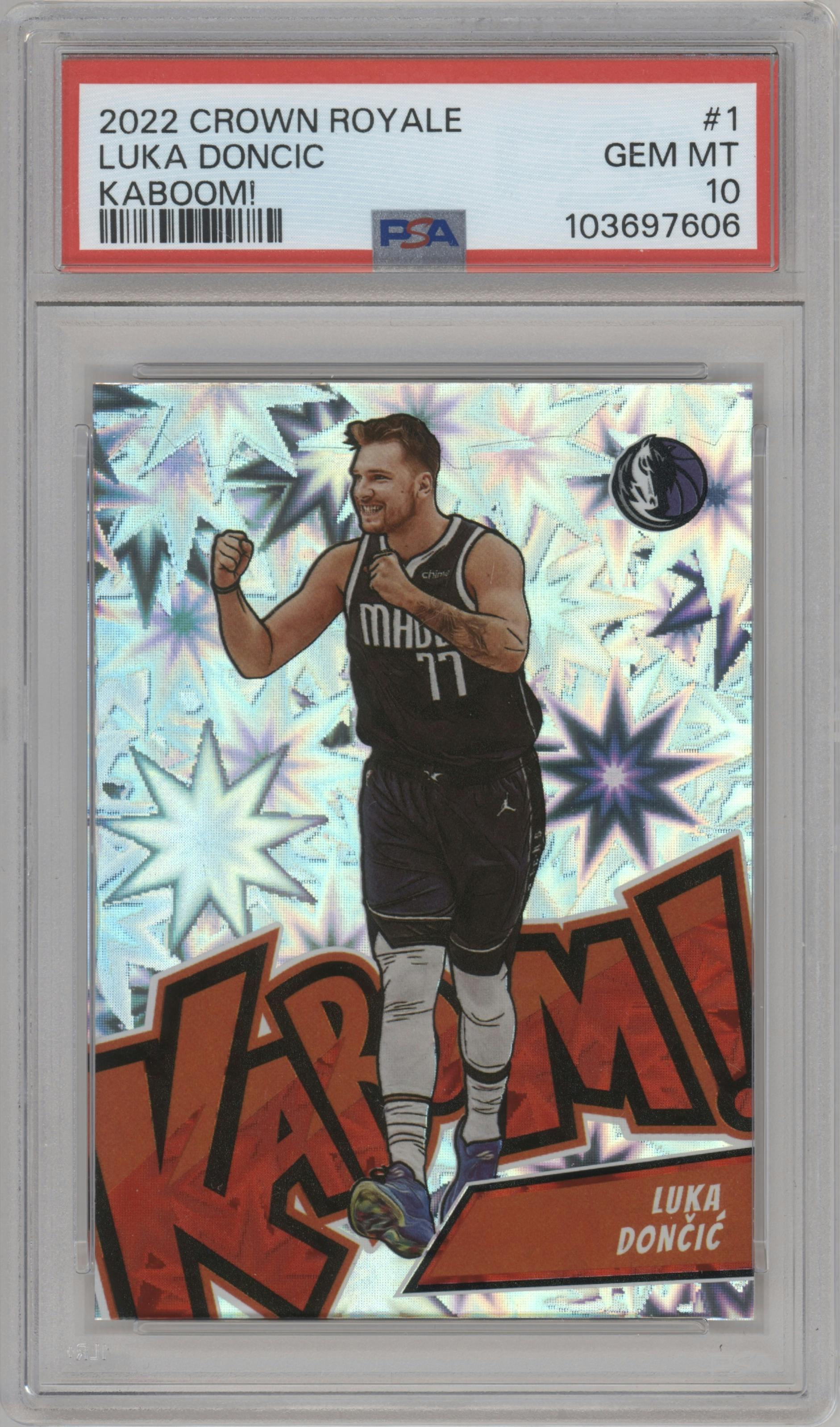Luka Doncic from the 2022-23 Panini Crown Royale set graded by PSA and given an overall grade of 10.