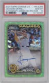 Jackson Merrill from the 2024 Topps Chrome Logofractor set featuring a Green Refractor parallel graded by PSA and given an overall grade of 10.