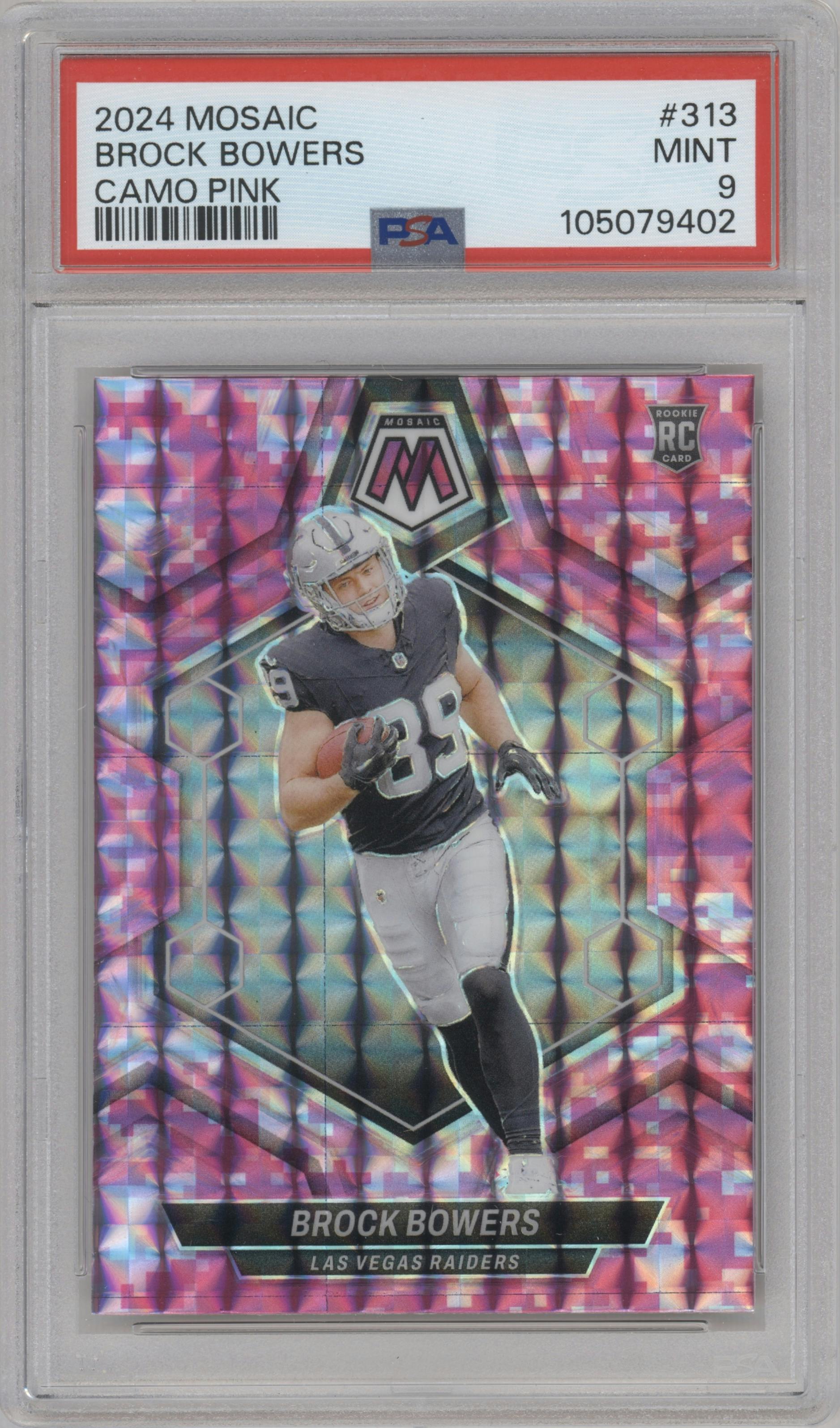 Brock Bowers from the 2024 Panini Mosaic set featuring a Pink Camo parallel graded by PSA and given an overall grade of 9.