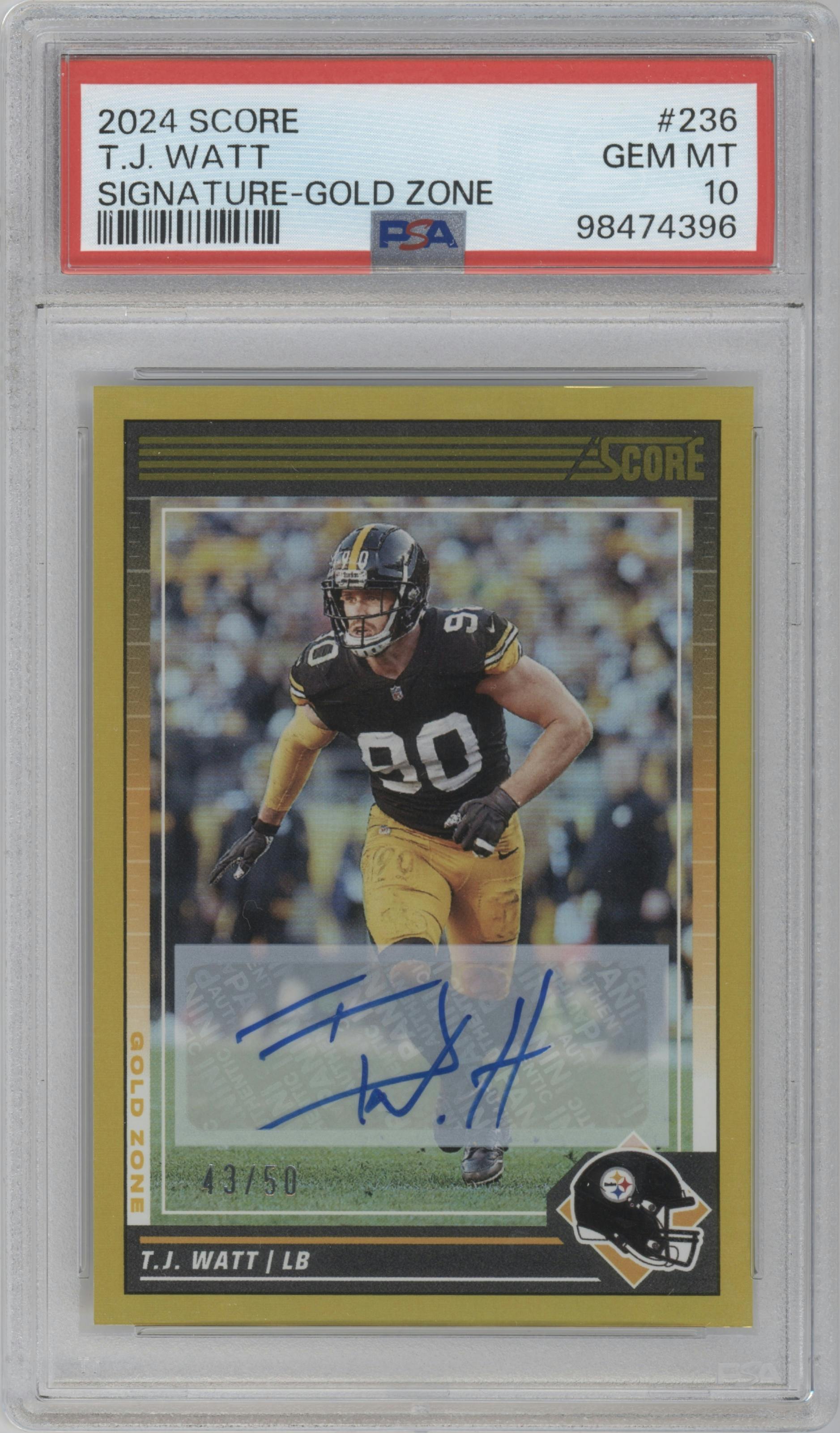T.J. Watt from the 2024 Panini Score set featuring a Gold Zone parallel graded by PSA and given an overall grade of 10.