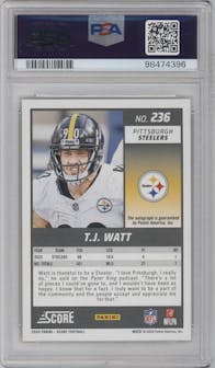 T.J. Watt from the 2024 Panini Score set featuring a Gold Zone parallel graded by PSA and given an overall grade of 10.