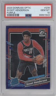 Scoot Henderson from the 2023-24 Donruss Optic set featuring a Purple parallel graded by PSA and given an overall grade of 10.
