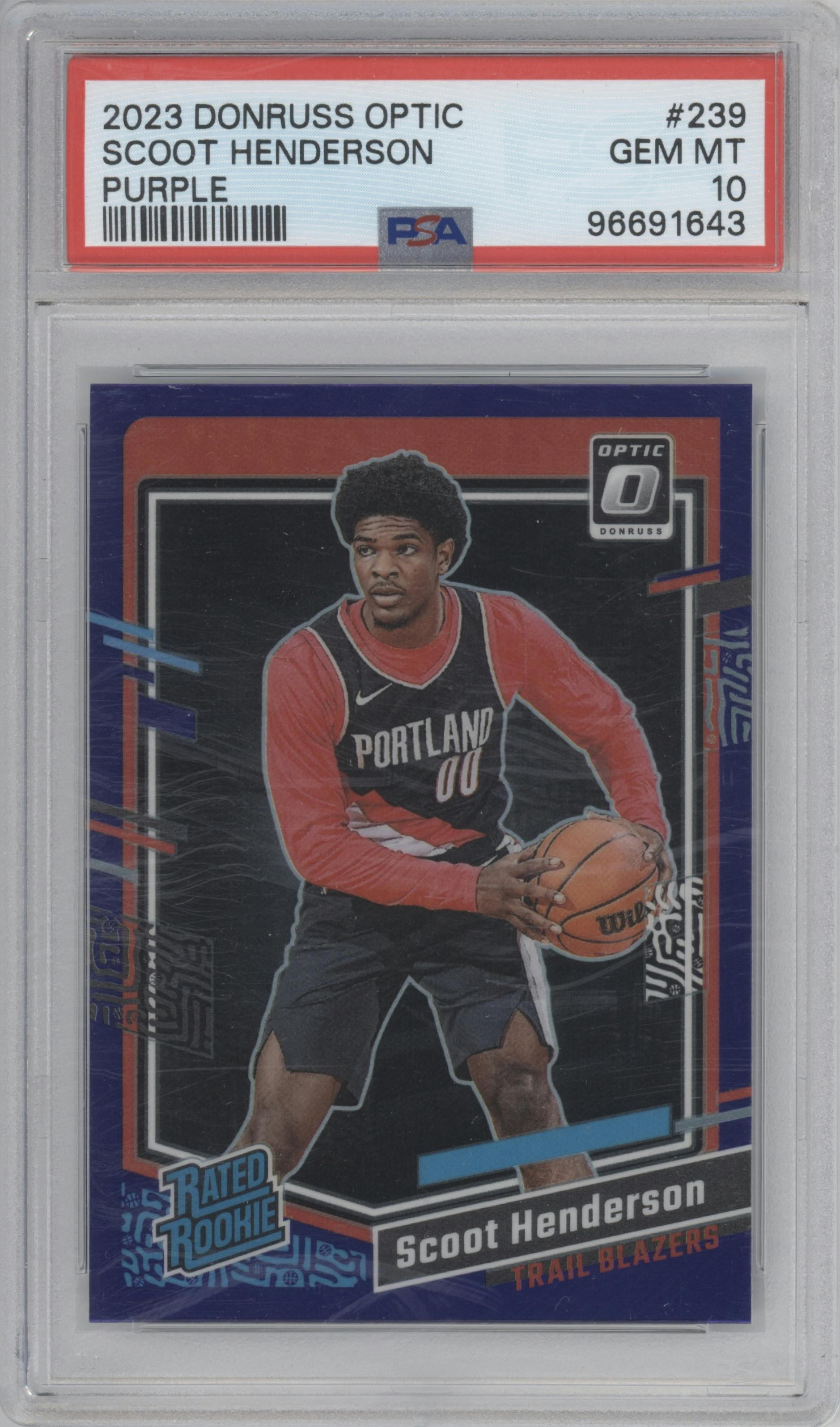 Scoot Henderson from the 2023-24 Donruss Optic set featuring a Purple parallel graded by PSA and given an overall grade of 10.