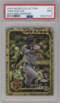 Jung Hoo Lee from the 2024 Topps Gilded Collection set featuring a Mini-Diamond Gold Refractor parallel graded by PSA and given an overall grade of 9.