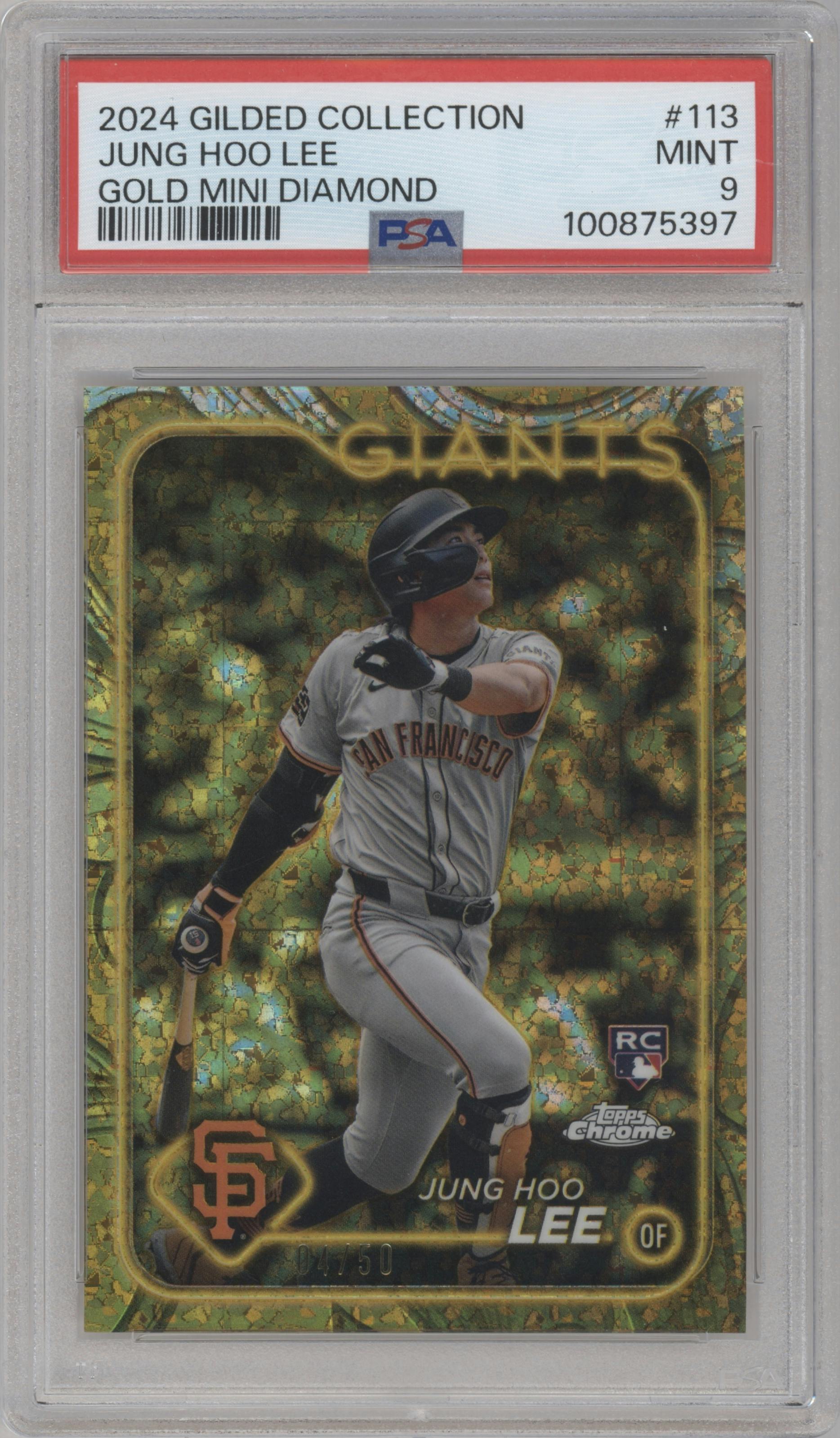 Jung Hoo Lee from the 2024 Topps Gilded Collection set featuring a Mini-Diamond Gold Refractor parallel graded by PSA and given an overall grade of 9.