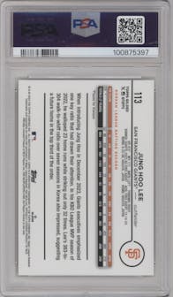 Jung Hoo Lee from the 2024 Topps Gilded Collection set featuring a Mini-Diamond Gold Refractor parallel graded by PSA and given an overall grade of 9.
