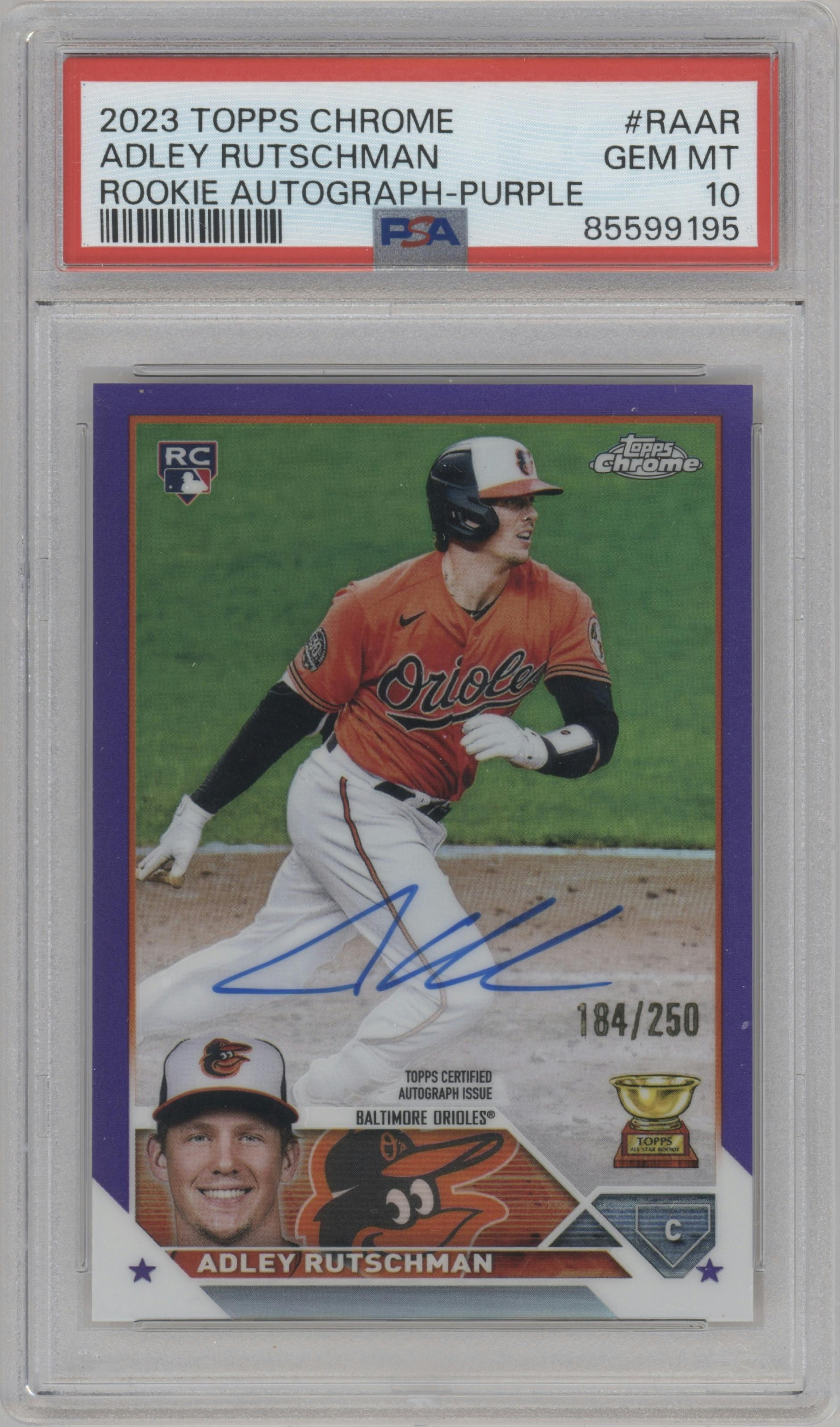 Adley Rutschman from the 2023 Topps Chrome set featuring a Purple Refractor parallel graded by PSA and given an overall grade of 10.