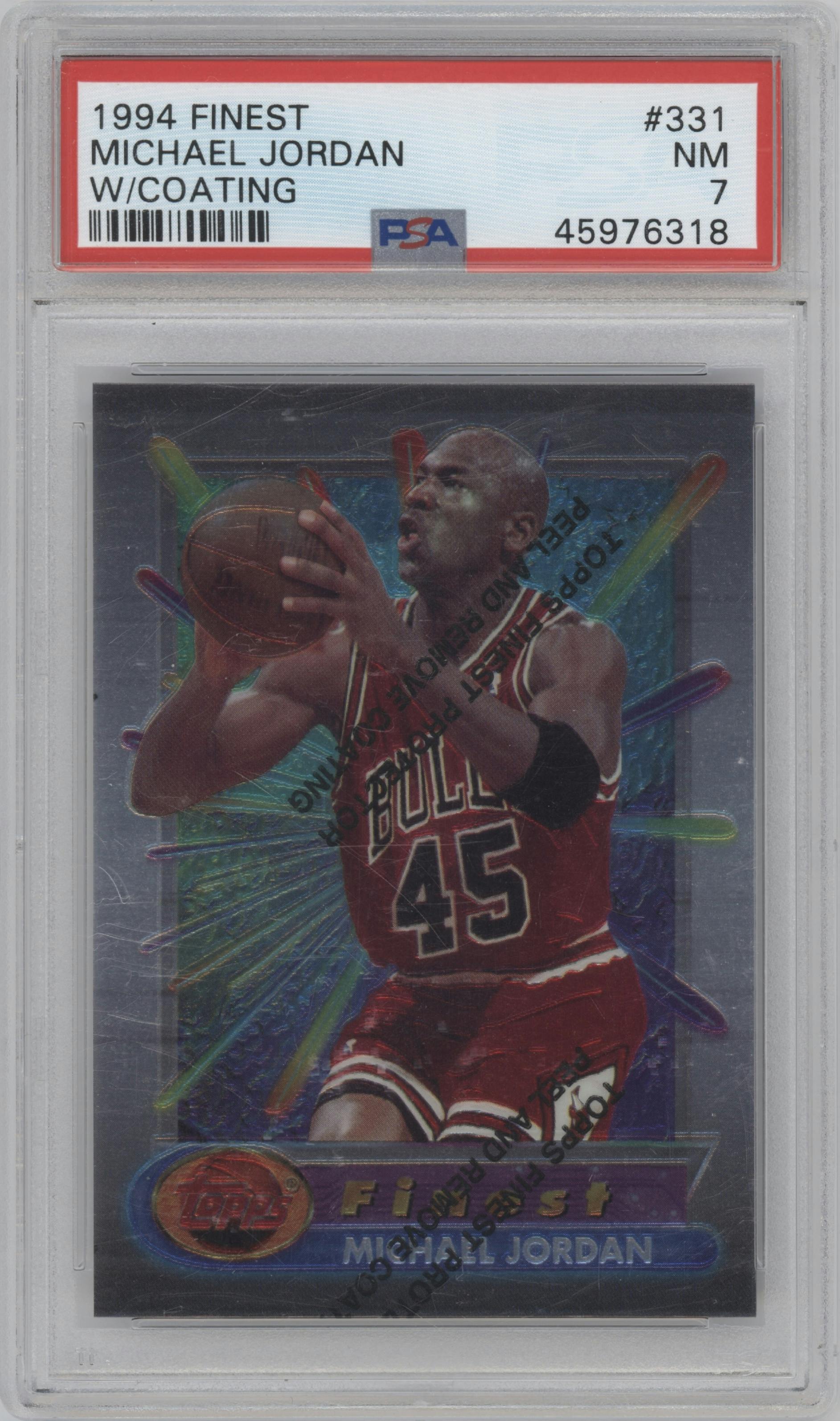 Michael Jordan from the 1994-95 Topps Finest  set featuring a W/ Coating parallel graded by PSA and given an overall grade of 7.