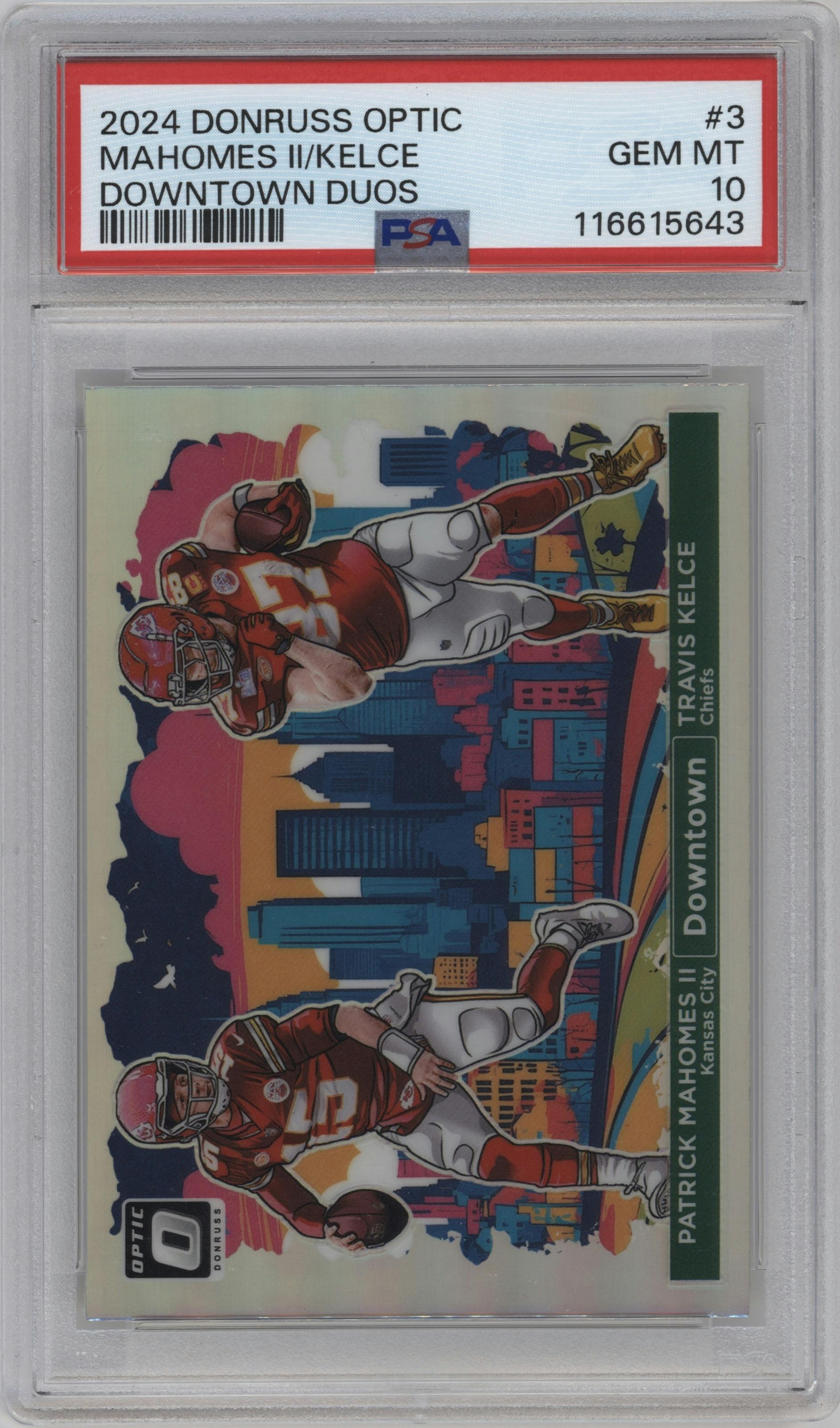 Patrick Mahomes II/Travis Kelce from the 2024 Donruss Optic set graded by PSA and given an overall grade of 10.