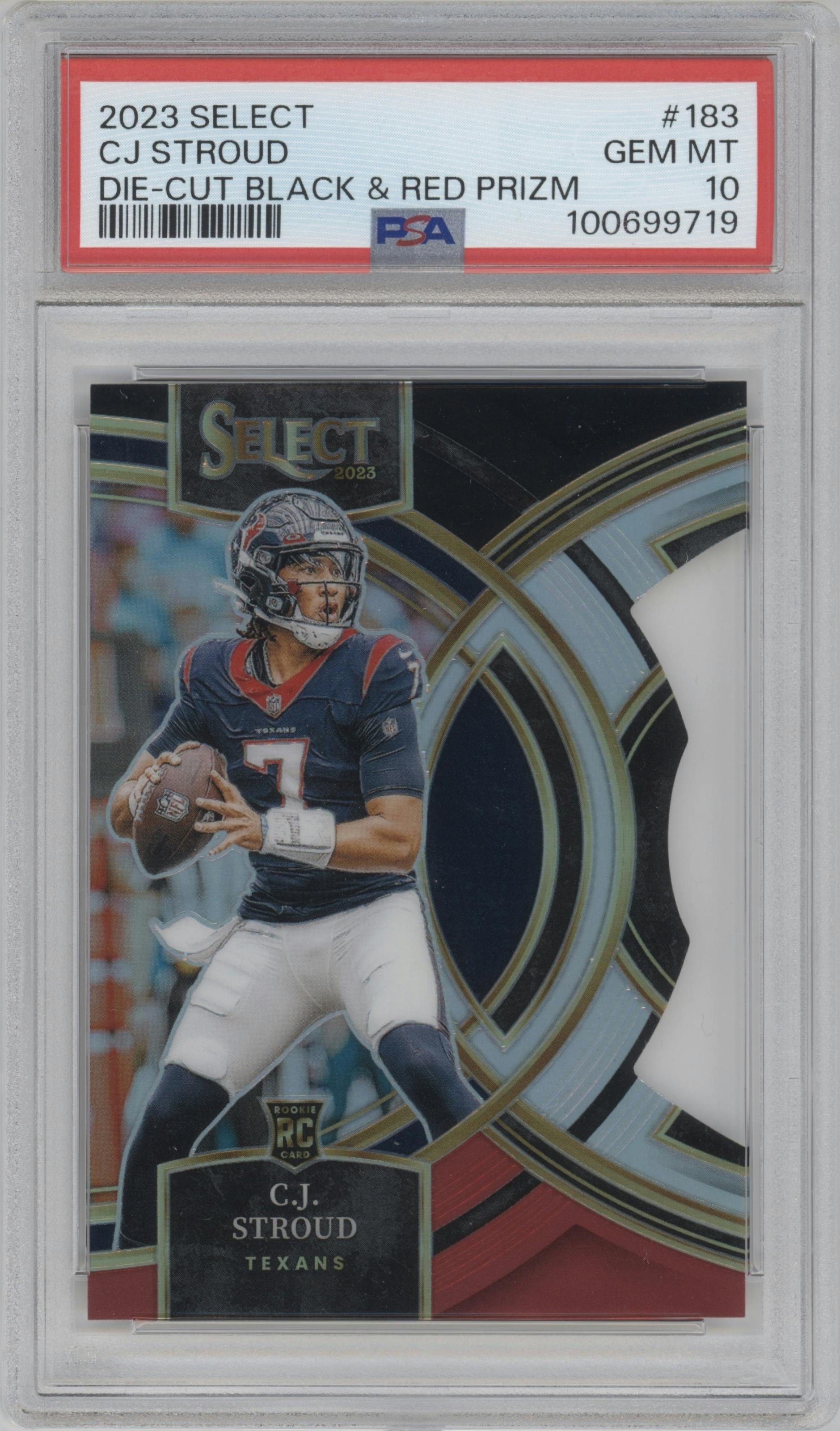 C.J. Stroud from the 2023 Panini Select set featuring a Die-Cut Black/Red parallel graded by PSA and given an overall grade of 10.