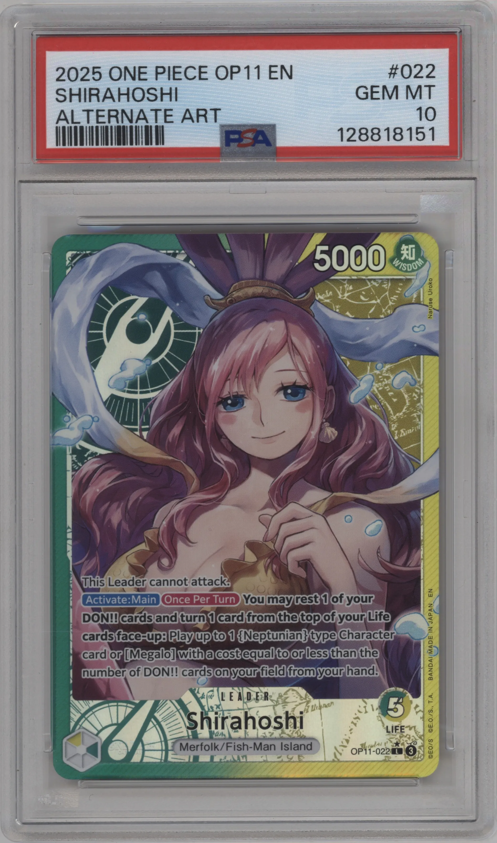 2025 One Piece A Fist of Divine Speed Shirahoshi Alternate Art L #OP11-022 L PSA 10