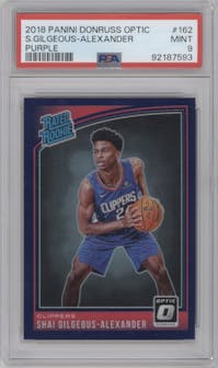 Shai Gilgeous-Alexander from the 2018-19 Panini Donruss Optic set featuring a Purple parallel graded by PSA and given an overall grade of 9.