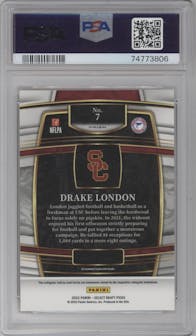 Drake London from the 2022 Panini Select Draft Picks set featuring a Gold Lazer parallel graded by PSA and given an overall grade of 10.