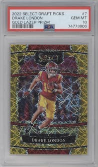 Drake London from the 2022 Panini Select Draft Picks set featuring a Gold Lazer parallel graded by PSA and given an overall grade of 10.