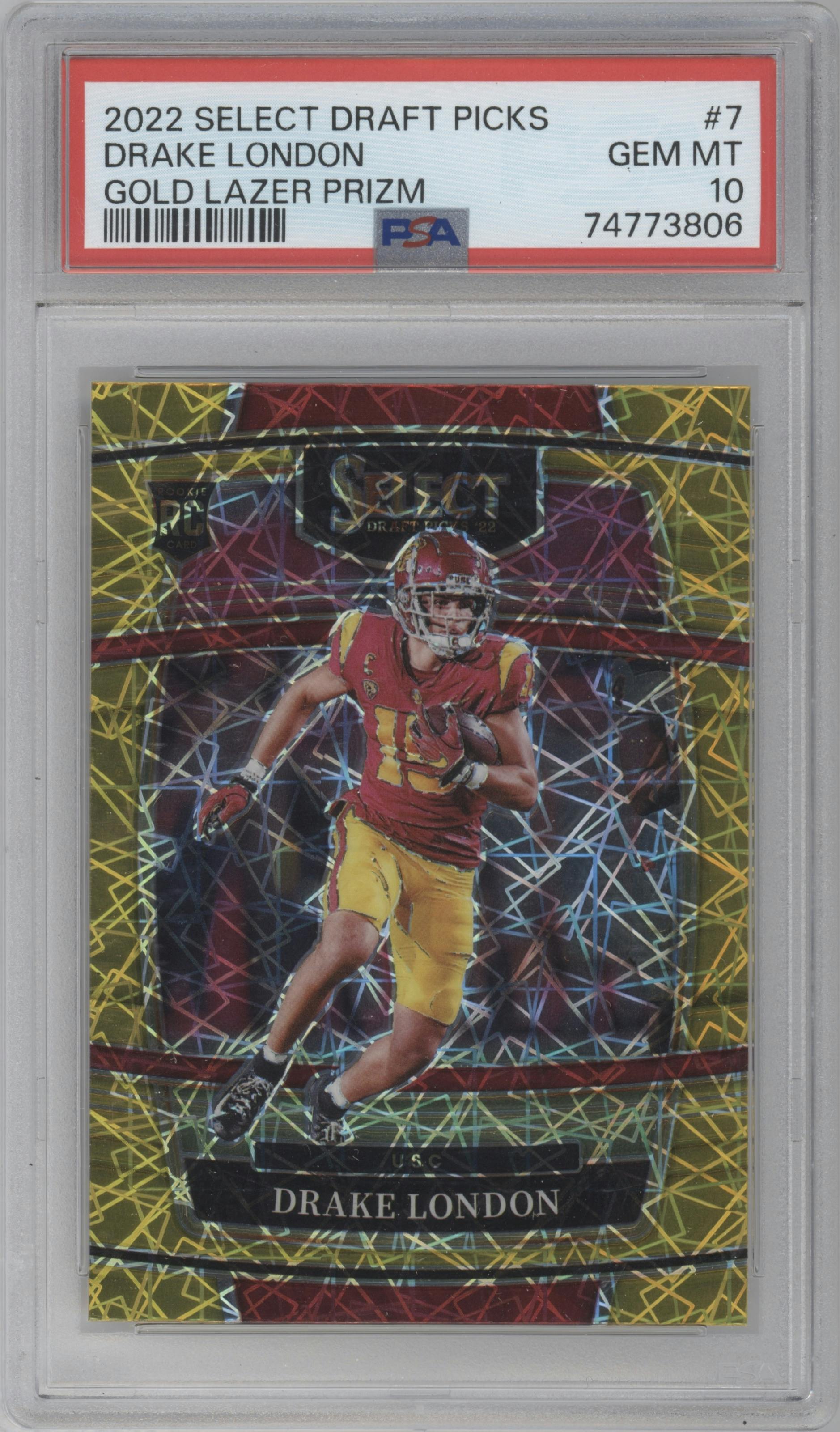 Drake London from the 2022 Panini Select Draft Picks set featuring a Gold Lazer parallel graded by PSA and given an overall grade of 10.