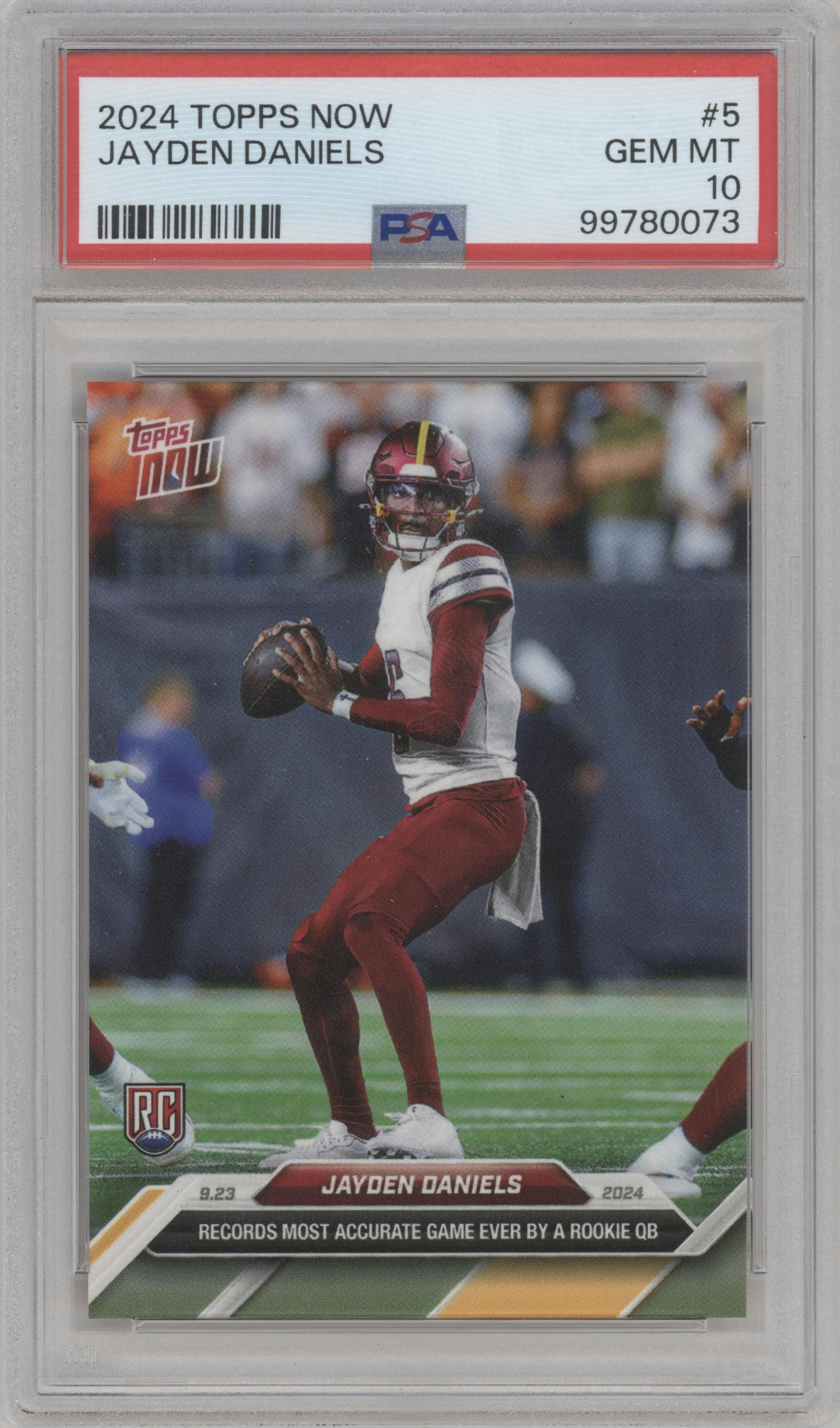 Jayden Daniels from the 2024 Topps Now set graded by PSA and given an overall grade of 10.