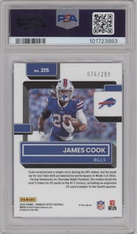 James Cook from the 2022 Panini Donruss Optic set featuring a Aqua parallel graded by PSA and given an overall grade of 10.
