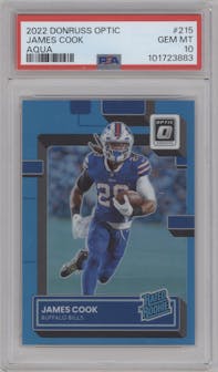 James Cook from the 2022 Panini Donruss Optic set featuring a Aqua parallel graded by PSA and given an overall grade of 10.