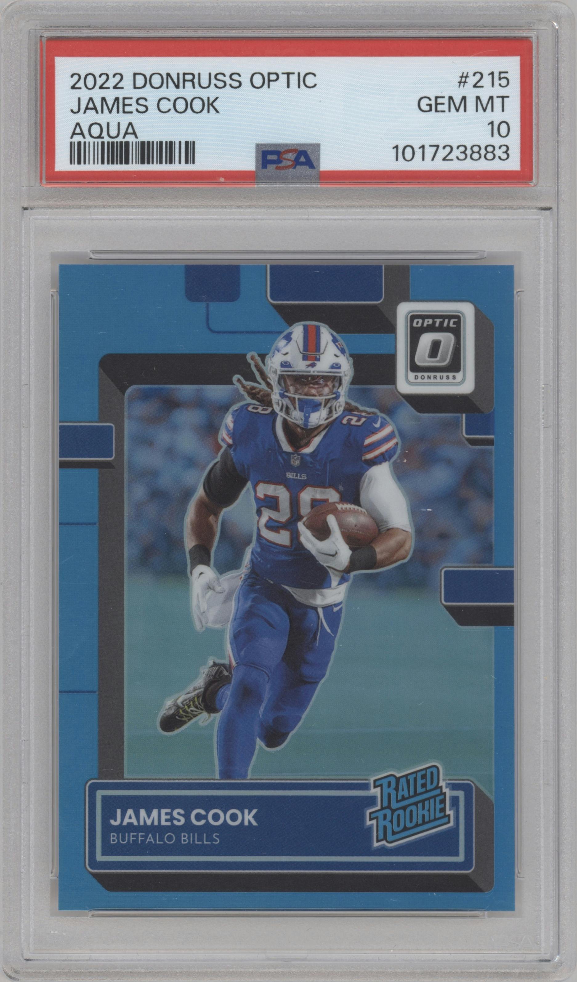 James Cook from the 2022 Panini Donruss Optic set featuring a Aqua parallel graded by PSA and given an overall grade of 10.