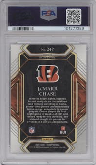 Ja'Marr Chase from the 2021 Panini Select set featuring a Silver Prizm parallel graded by PSA and given an overall grade of 9.