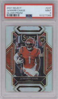 Ja'Marr Chase from the 2021 Panini Select set featuring a Silver Prizm parallel graded by PSA and given an overall grade of 9.