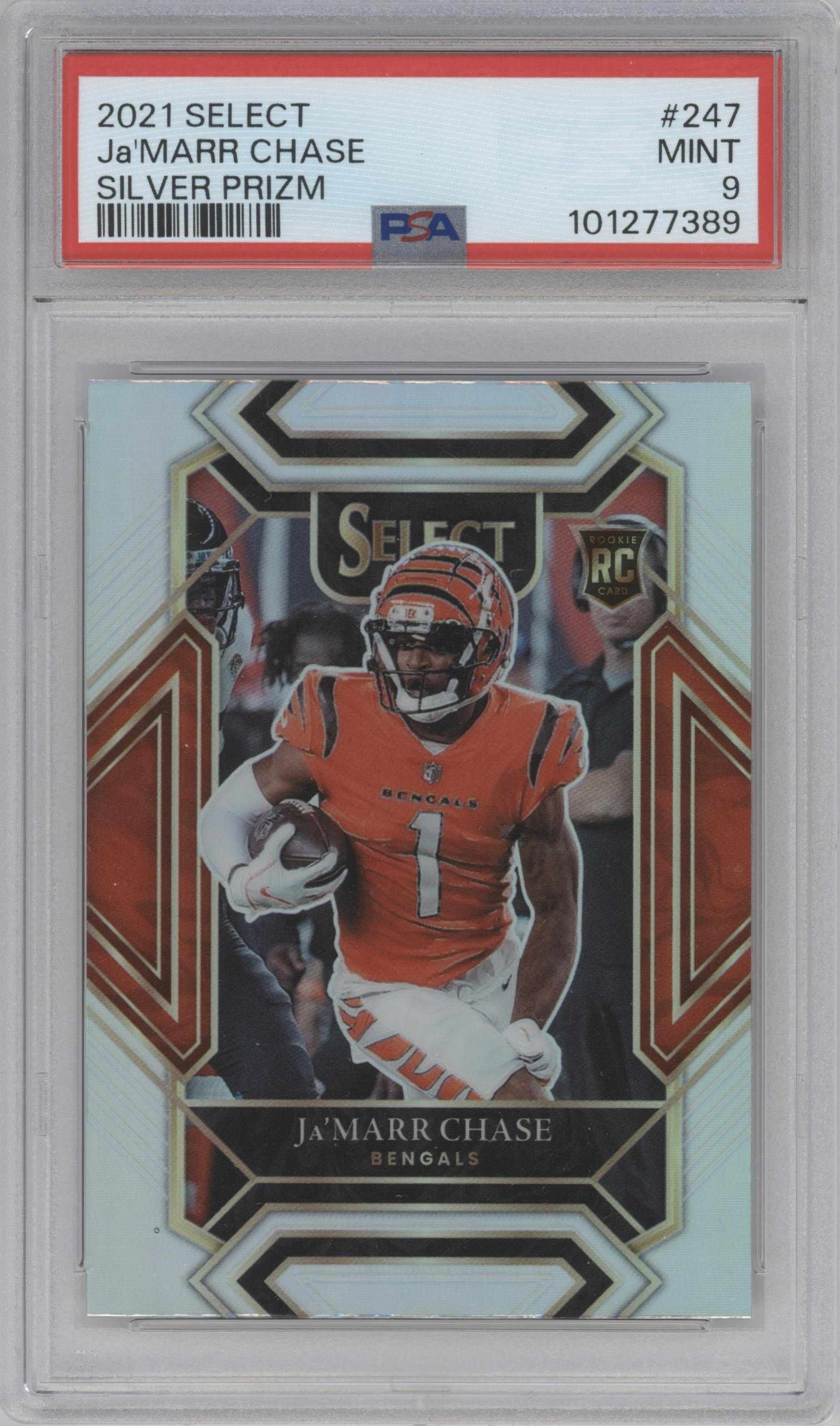 Ja'Marr Chase from the 2021 Panini Select set featuring a Silver Prizm parallel graded by PSA and given an overall grade of 9.