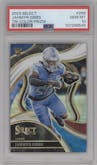 Jahmyr Gibbs from the 2023 Panini Select set featuring a Tri-Color parallel graded by PSA and given an overall grade of 10.
