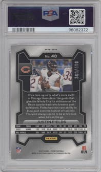 Justin Fields from the 2023 Panini Prizm set featuring a Pandora parallel graded by PSA and given an overall grade of 10.