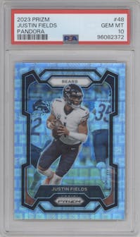 Justin Fields from the 2023 Panini Prizm set featuring a Pandora parallel graded by PSA and given an overall grade of 10.