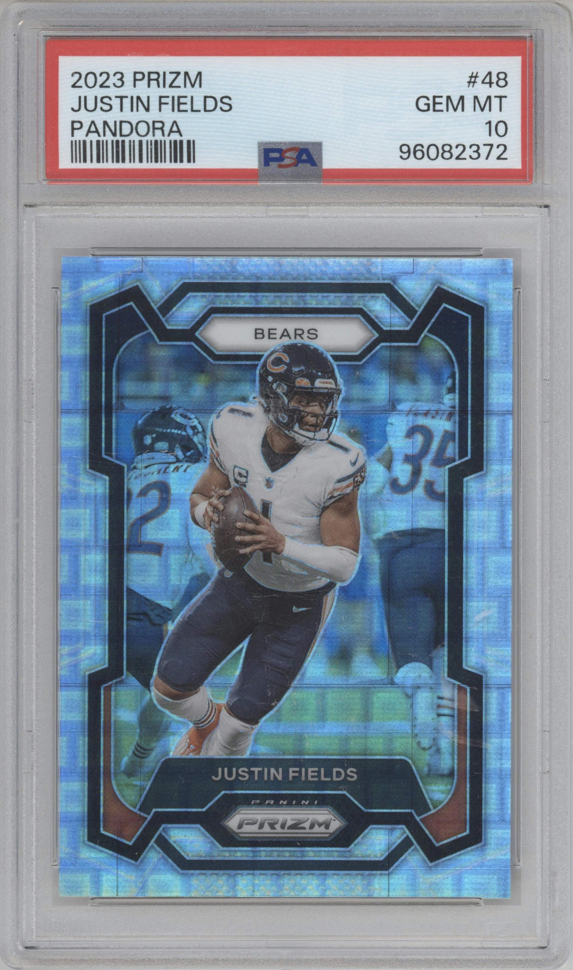 Justin Fields from the 2023 Panini Prizm set featuring a Pandora parallel graded by PSA and given an overall grade of 10.