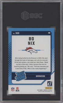 Bo Nix from the 2024 Donruss set featuring a Press Proof Green parallel graded by SGC and given an overall grade of 9.5.