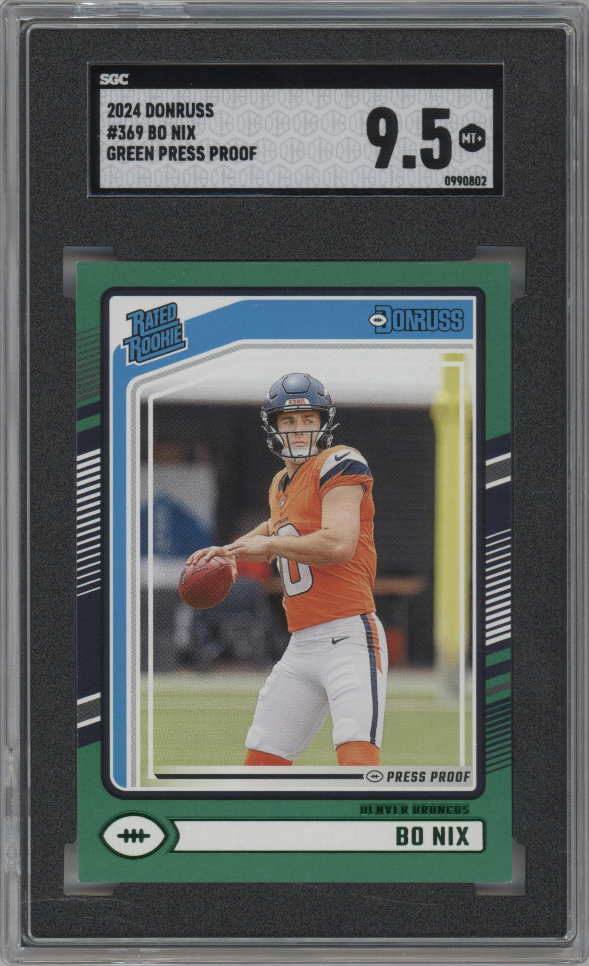 Bo Nix from the 2024 Donruss set featuring a Press Proof Green parallel graded by SGC and given an overall grade of 9.5.