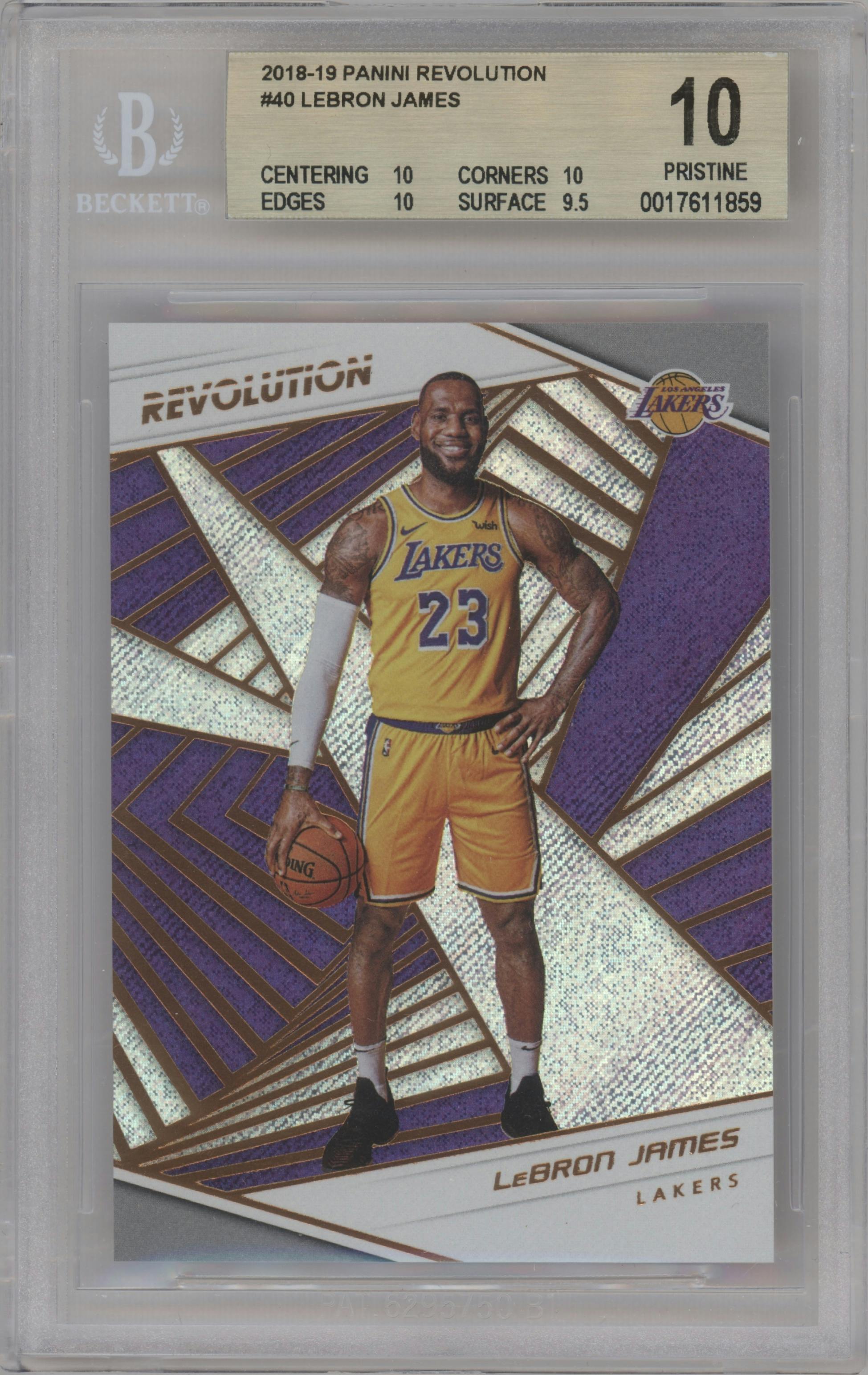 LeBron James from the 2018-19 Panini Revolution  set graded by Beckett and given an overall grade of 10.